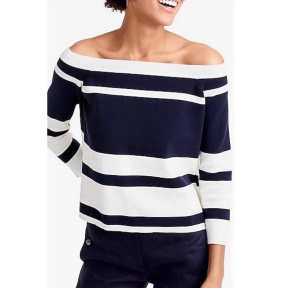 J.Crew Off Shoulder Knit Blue & White Stripped Cropped Top Sz M